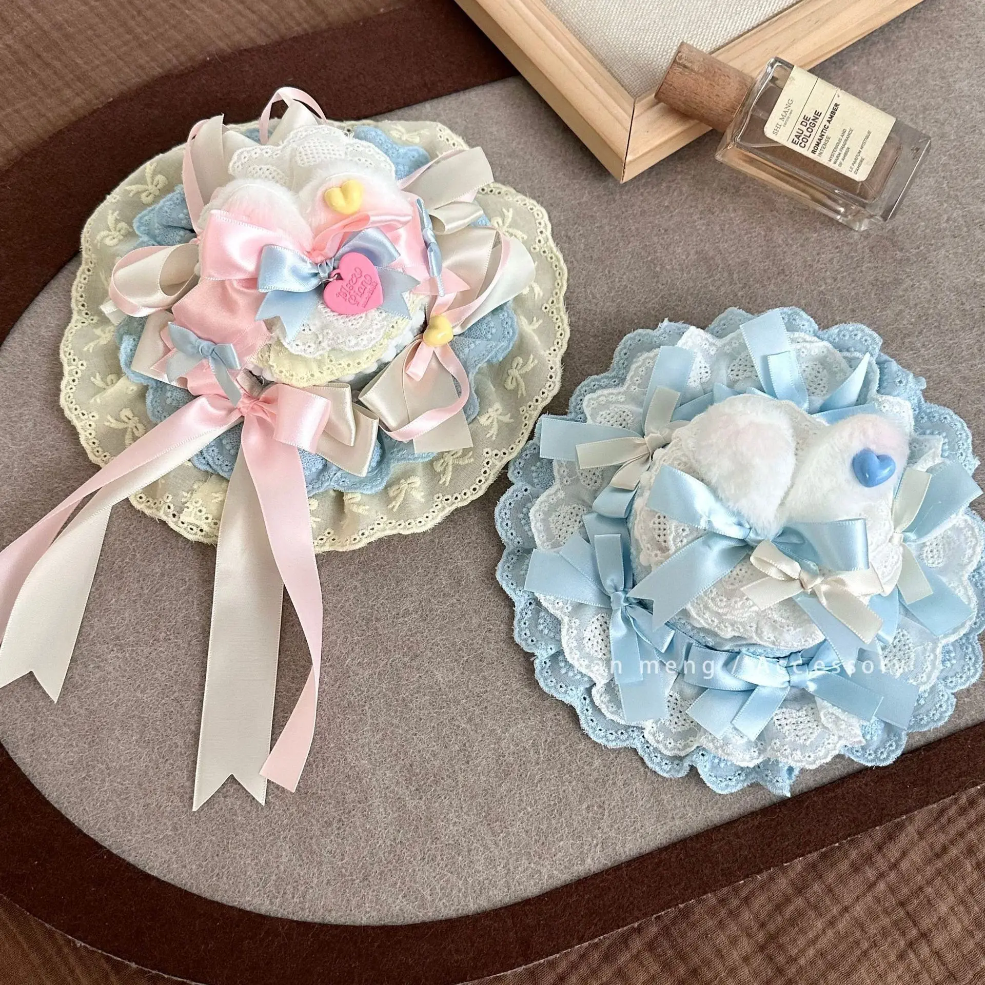 

Sweet Korean Style Blue Bow Lace Bunny Ears Lolita Fascinators, Cute Ruffled Mini Hat Hair Accessory for Girls