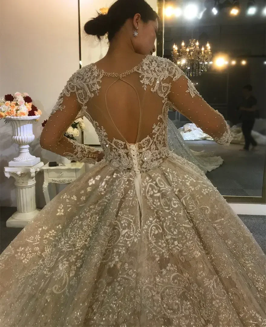 Robe de Mariée Personnalisée à Col Rond et Perles, Tenue à Manches sulf, Grande Taille, Dos Ouvert, pour Patients de Luxe