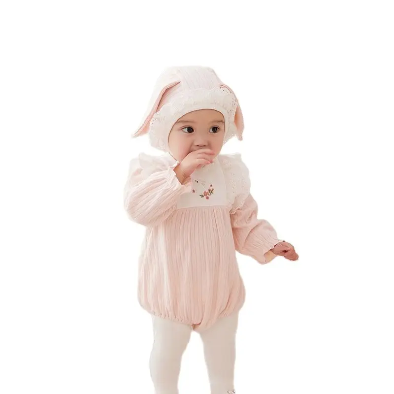 Spring Autumn Cute Long Sleeve Baby Clothing with a Bunny Hat Fashion Pink Romper Newborn Cotton One-Pieces Bodysuits 0-18M