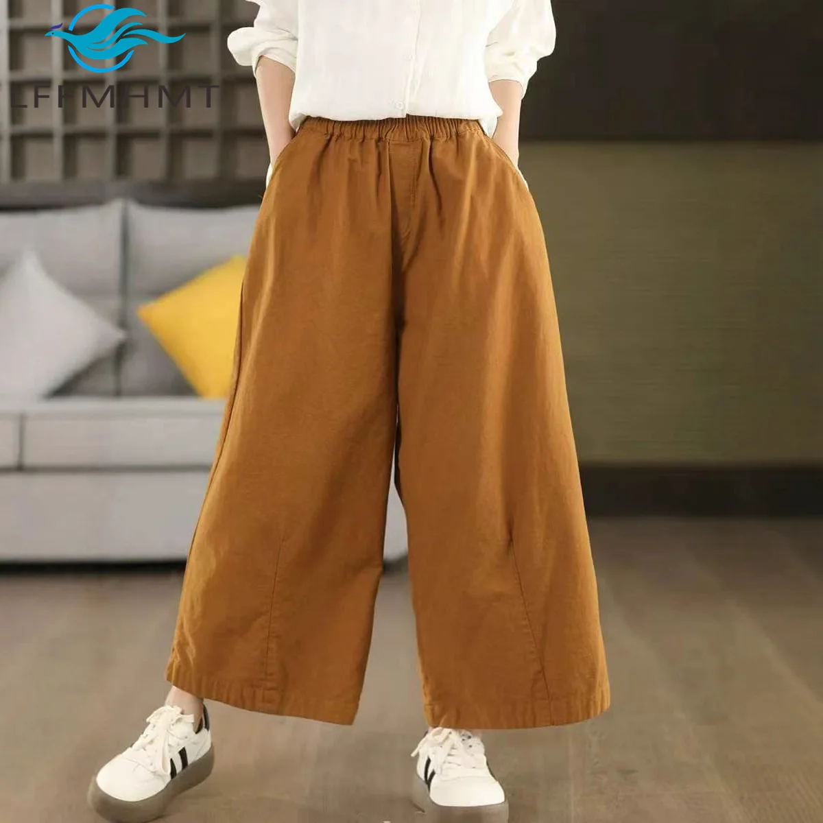 الخريف الرجعية 100% القطن واسعة الساق فضفاضة مستقيم الساق بلون المرأة سراويل تقليدية مرونة الخصر تنوعا مريحة بنطلون