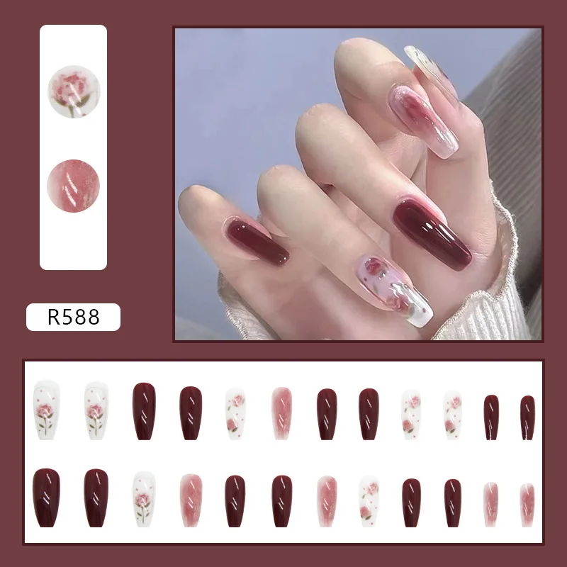 24Pcs False Nails Ice-Transparent Red-Brown Oolong Rose Press-On High-Quality Nails—Perfect As A Gift for Girls and Friends