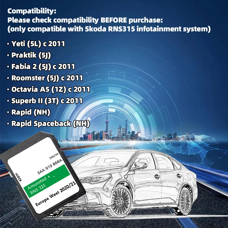 SD Card Europe UK Maps 3AA919866A GPS for Skoda Yeti Fabia Roomster Octavia Superb Car with RNS 315 Navigation Amunsted + 2021