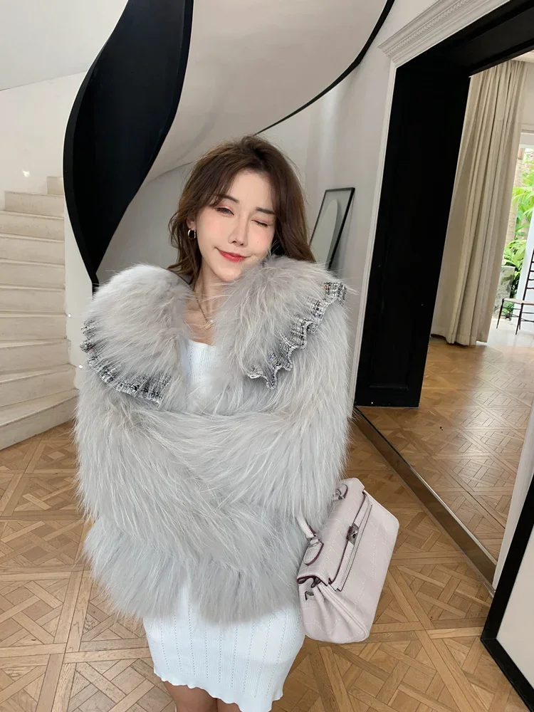 Girly Raccoon Dog Fur Woven Coat Lolita Style Thick Warm Fur Jackets Long Sleeve Lapel Short Outerwear Winter Women\'s Clothing