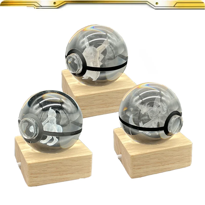 

Pokemon Crystal Ball 3D Toys Snorlax Mewtwo Pikachu Plastic Wood Base with LED Light Kids Gift Collectable