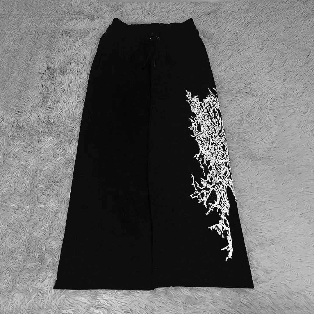 

Men and Women High Street Drawstring Design Dark Sweatpants Personality Fashion Pattern Y2k Wide Leg Pants New Cargo Pants
