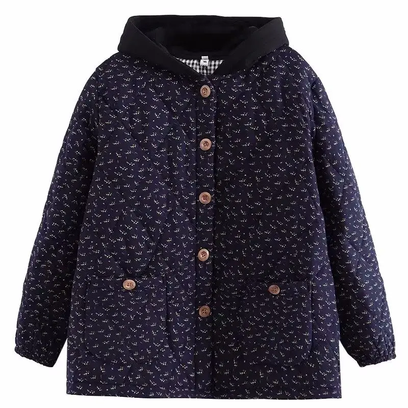 Large Size Quilted Jacket Women Cotton Clothes Retro Floral Hooded Loose 2023 Autumn Winter Padded Casual Coat Outerwear Z805