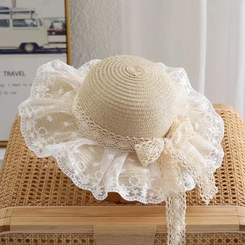 

Summer Baby Girl Straw Hat Solid Color Lace Ruffle Kids Fisherman Cap Outdoor Beach Caps Sunshade Wide-brim Bucket Hats
