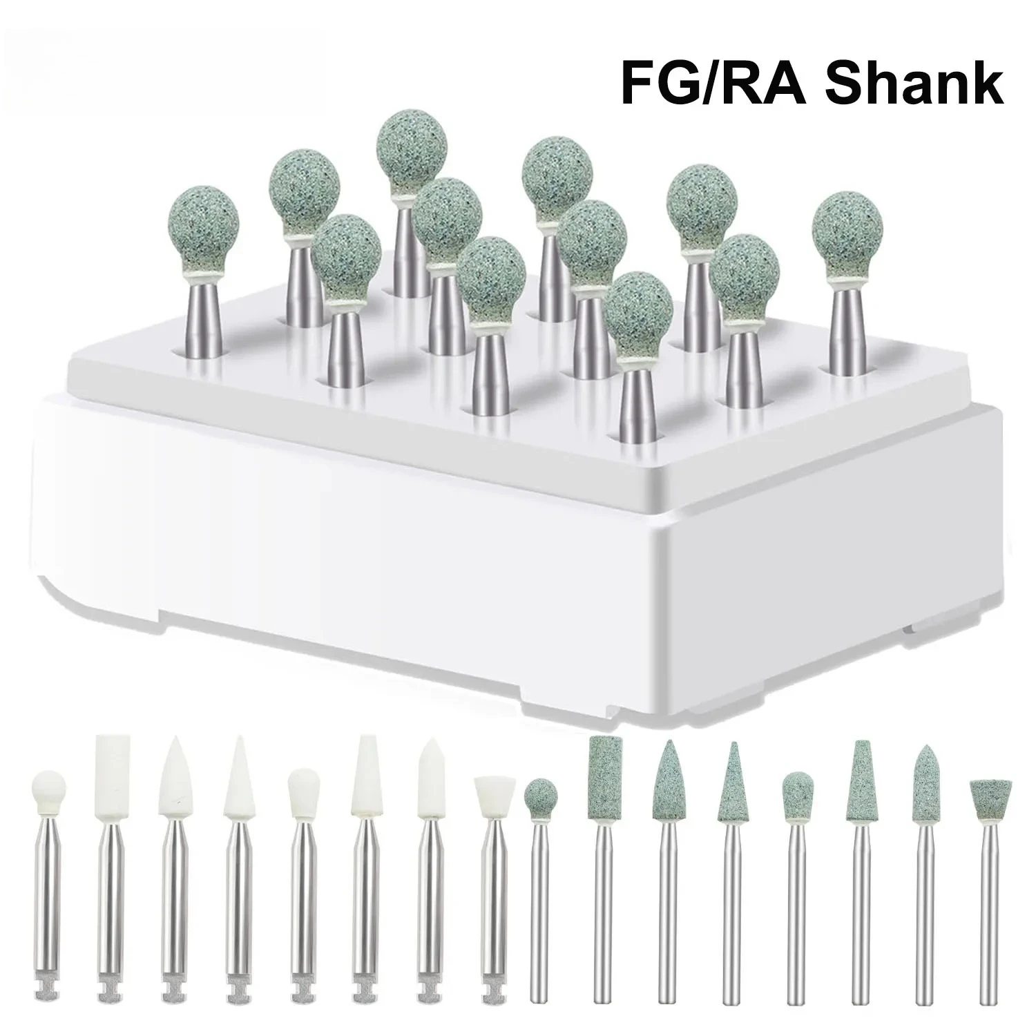 12Pcs Tomenty Dental White/Green Stone Polishing Polisher Sandstone Grinding Head FG/RA Drills Flame Cone Round Shape Dentistry