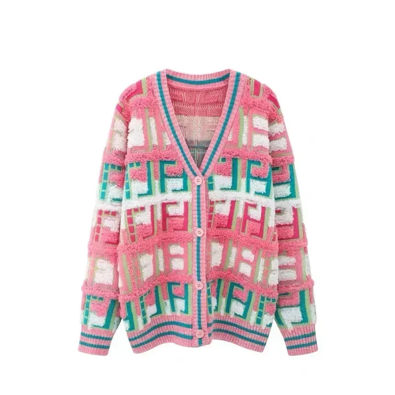 Women Long Sleeve Sweater Cardigan Twist Cable Knitted V-Neck Knitwear Coat Button Down Rainbow Jacket