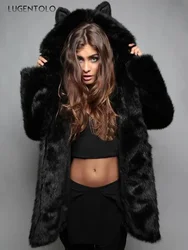 Abrigo de piel sintética con capucha para mujer, chaqueta bonita con orejas de dibujos animados de zorro falso, informal, holgada y cálida, otoño e invierno, novedad de 2023