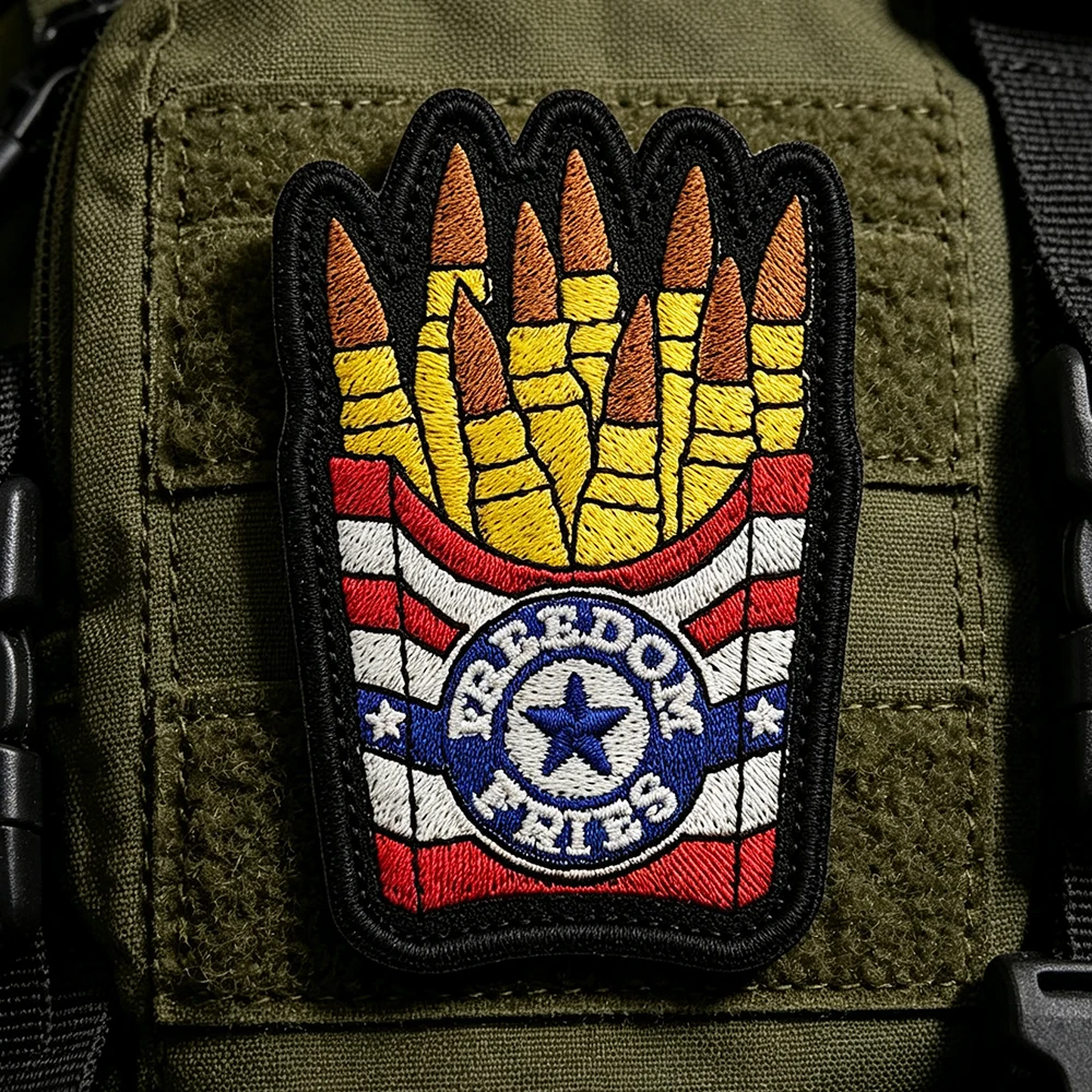 Embroidered Hook and Loop Patch Freedom Fries Cartoon Food Badge Applique for Backpack Jacket Vest Clothing DIY Decoration