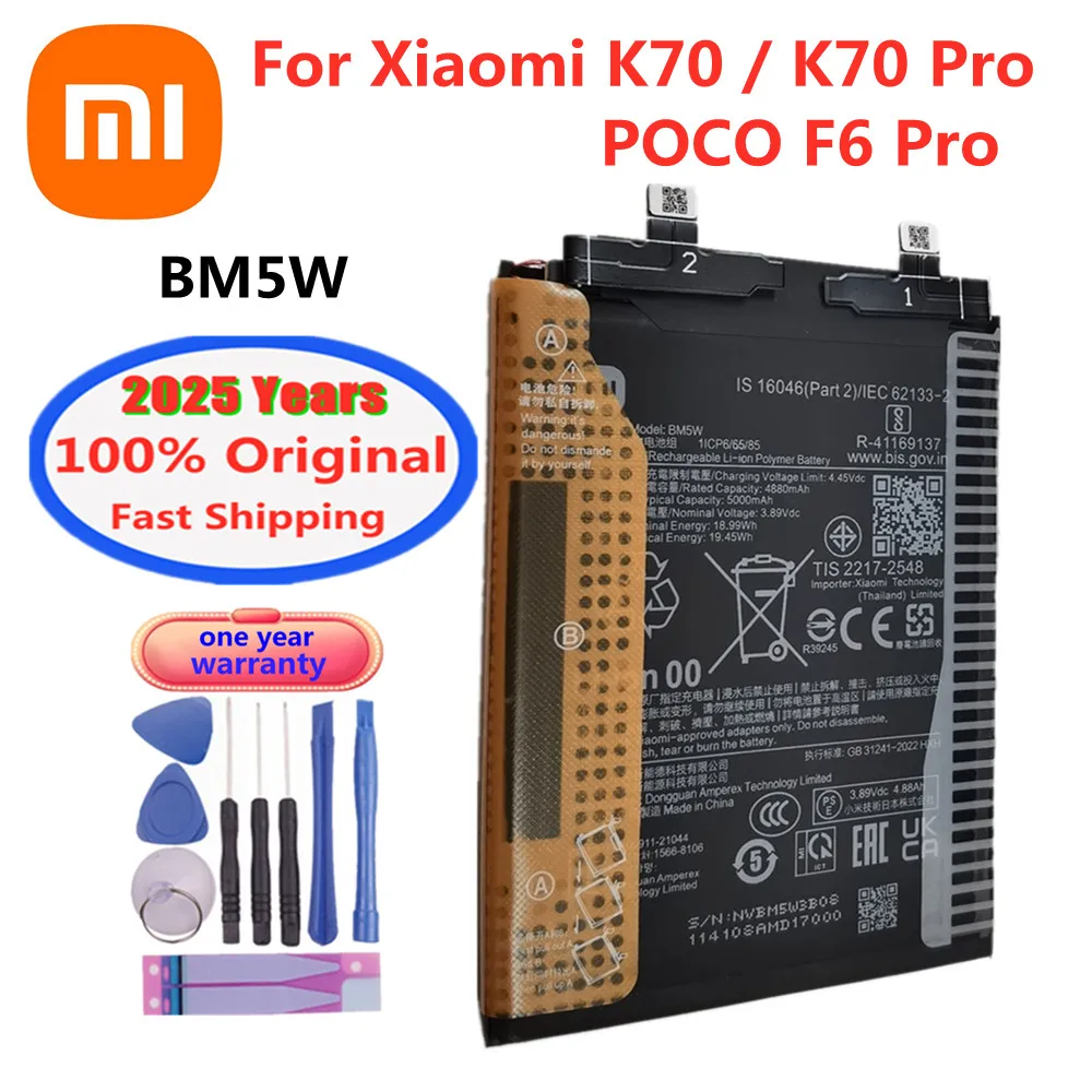 2025 Years High Quality 100% Original Battery BM5W For Xiaomi K70 / K70 Pro / POCO F6 Pro 5000mAh Phone Batteries + Free Tools