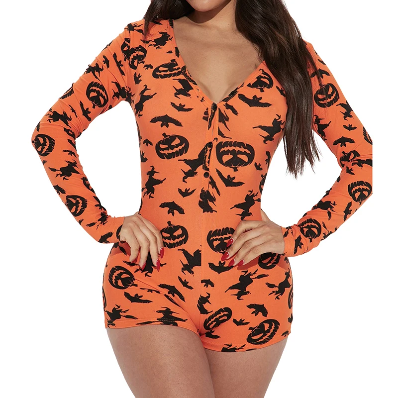 Women Halloween Pajamas Bear/Pumpkin Print Long Sleeve Lounge Female Buttons Jumpsuits Shorts Soft Sleepwear for Nightwear