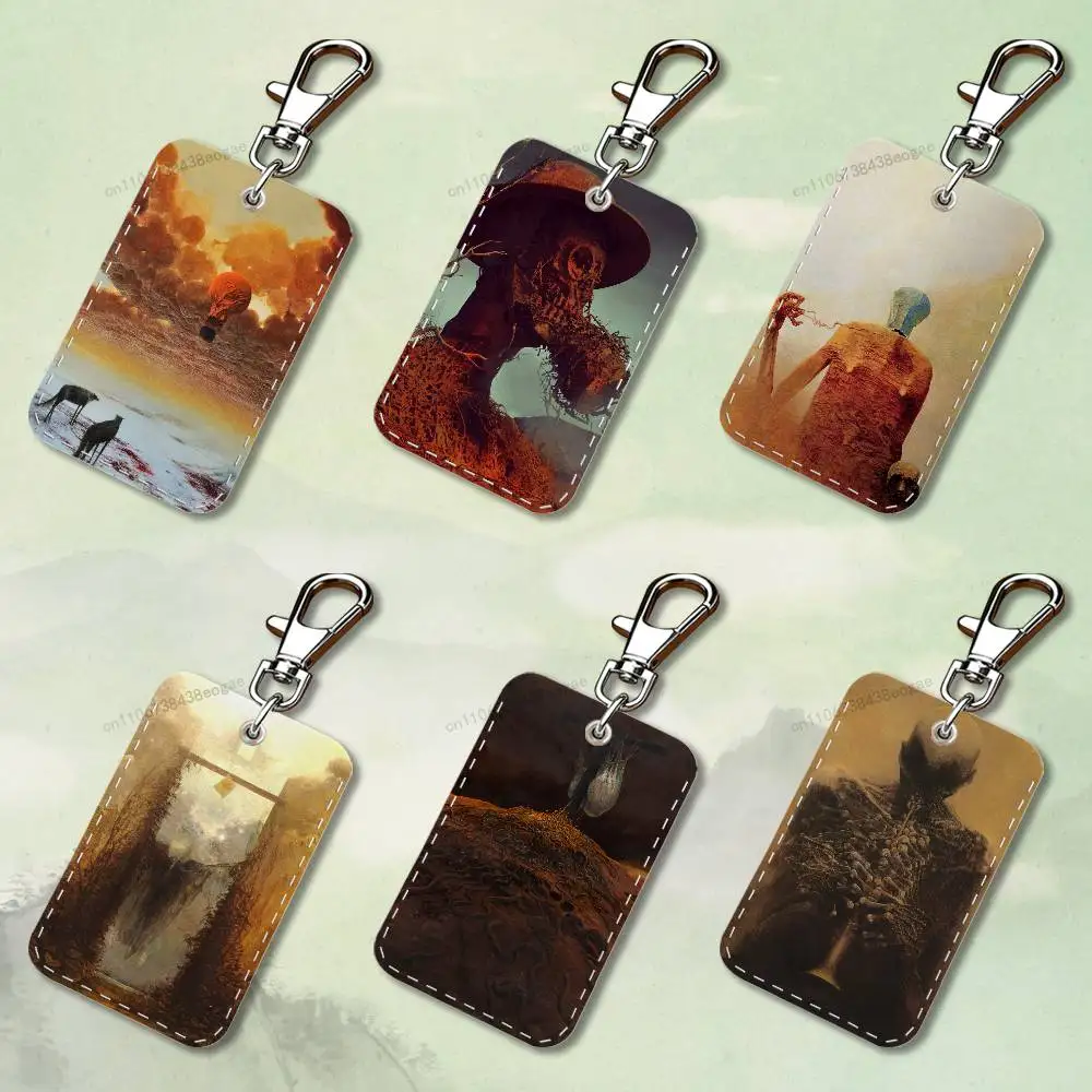 

Art Z-Zdzislaws B-Beksinskis Rectangle Card Case Keychain Access Card Bag Key Tag Ring Leather Card Holder Key Ring Access