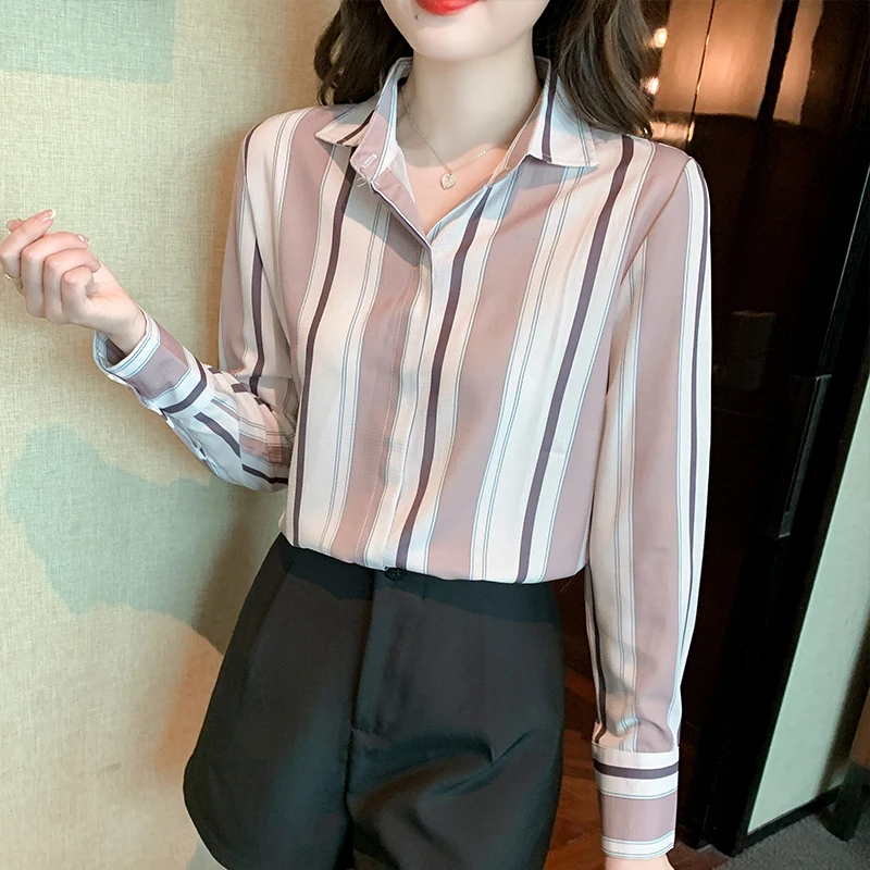 Vintage Women Shirt Stripe Basic Womens Tops Long Sleeve Blouse Korean Fashion Women Clothing Korean Popular Clothes OL Shirts