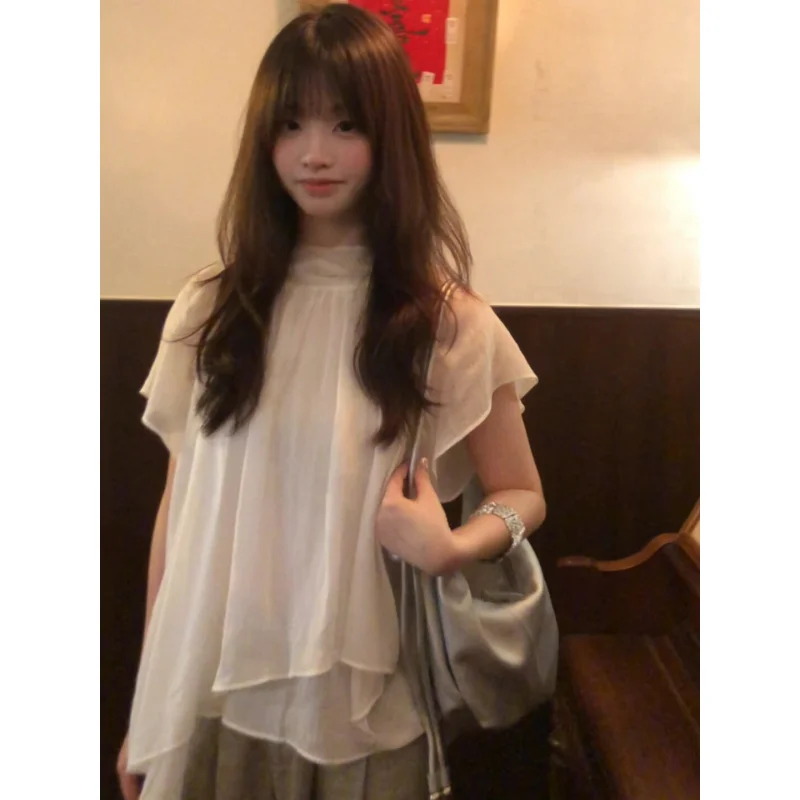 

Parkyeon Women's Casual Shirt Top with Stand Collar Asymmetrical Sash Loose Slimming Set Hanfu Style Summer Fashion