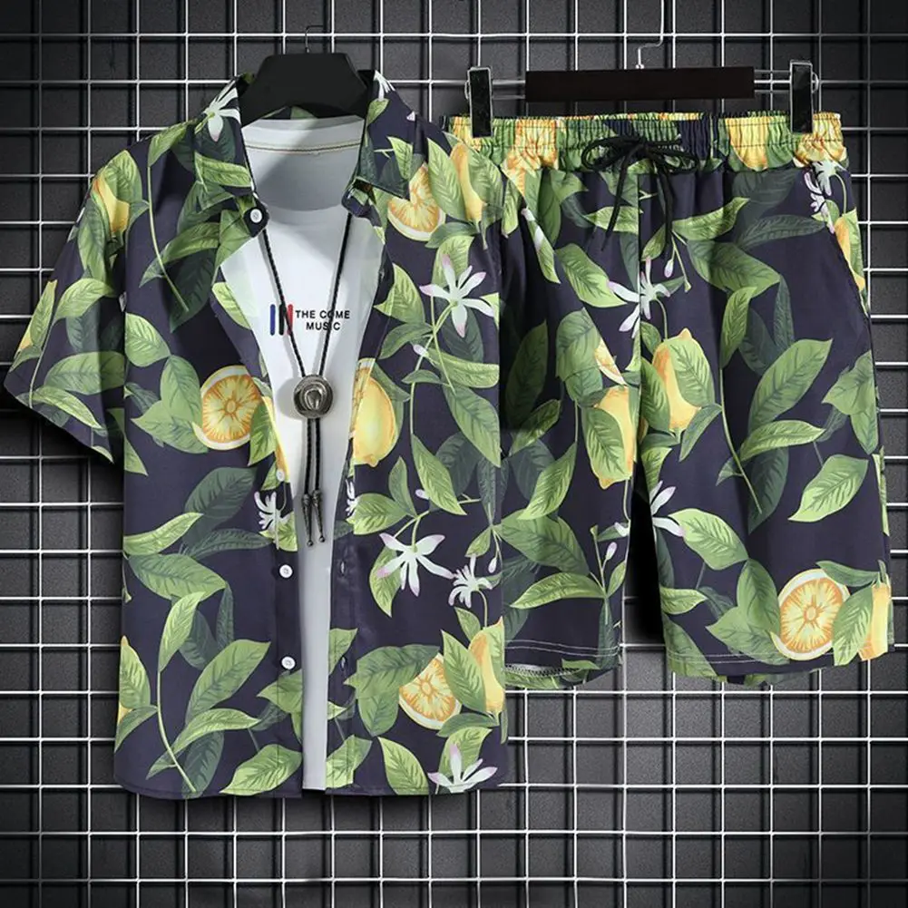 Solid Color Men Beach Wear Piece Set Quick Dry Hawaiian Shirt And Shorts Set Men Clothes Fashion Printing Clothes