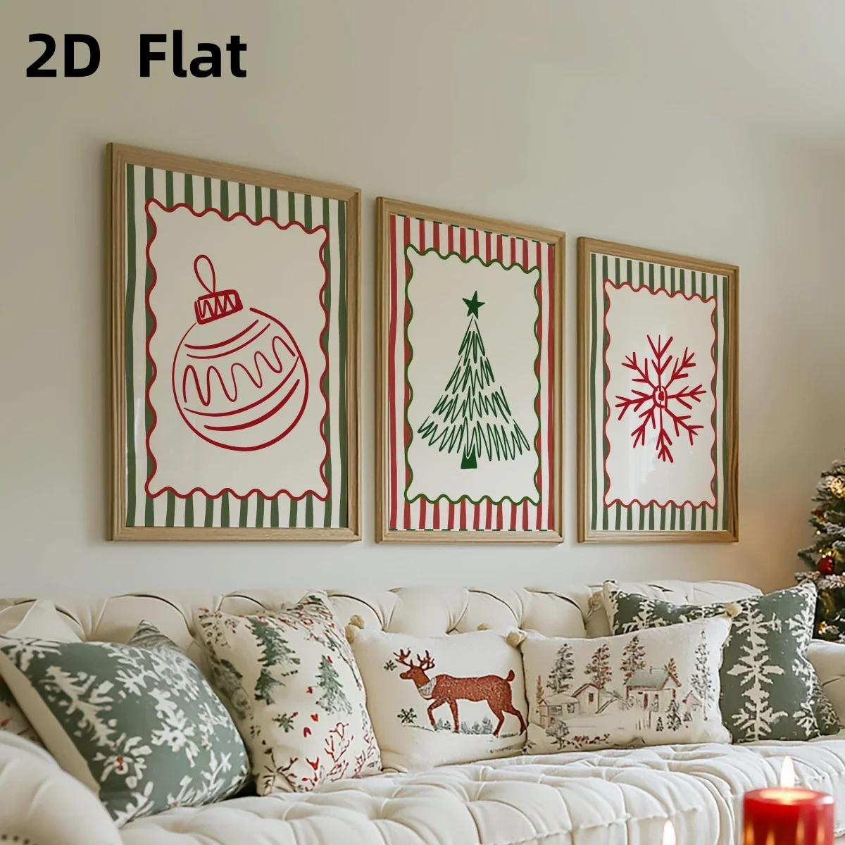 3pcs frameless Canvas Painting 3pcs/set Whimsical Christmas Striped Canvas Print Poster Christmas Tree Snowflake Cozy Xmas Winte