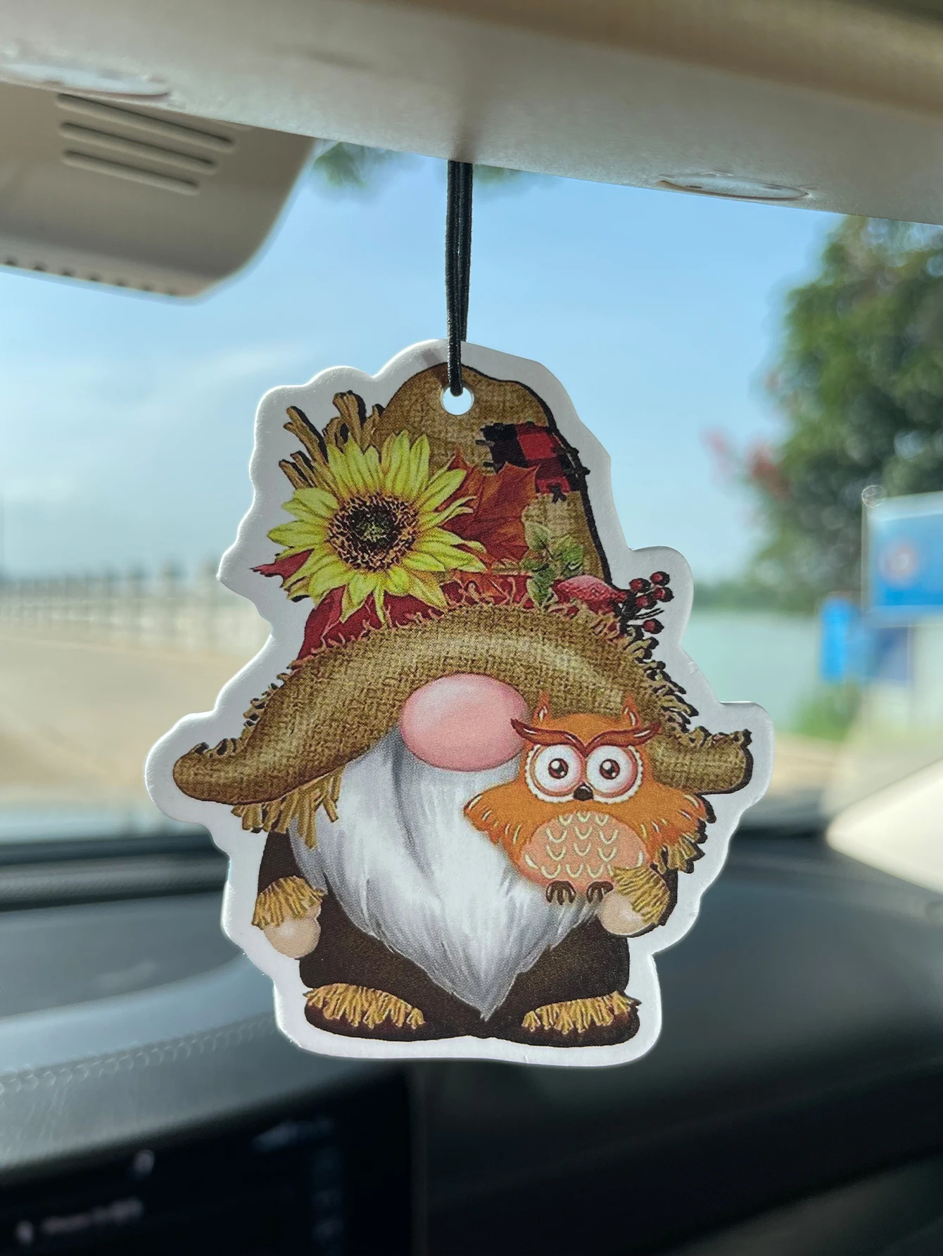 Fall Harvest Gnome With Owl Sunflower Hanging Car Air Freshener, Natural Plant Extract Alcohol‑Free Scented Paper Card, Long Las