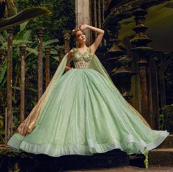 Glitter Green Charro Quinceanera Dresses Ball Gown Sweetheart Appliques Beaded Puffy Mexican Sweet 16 Dresses 15 Anos Customized