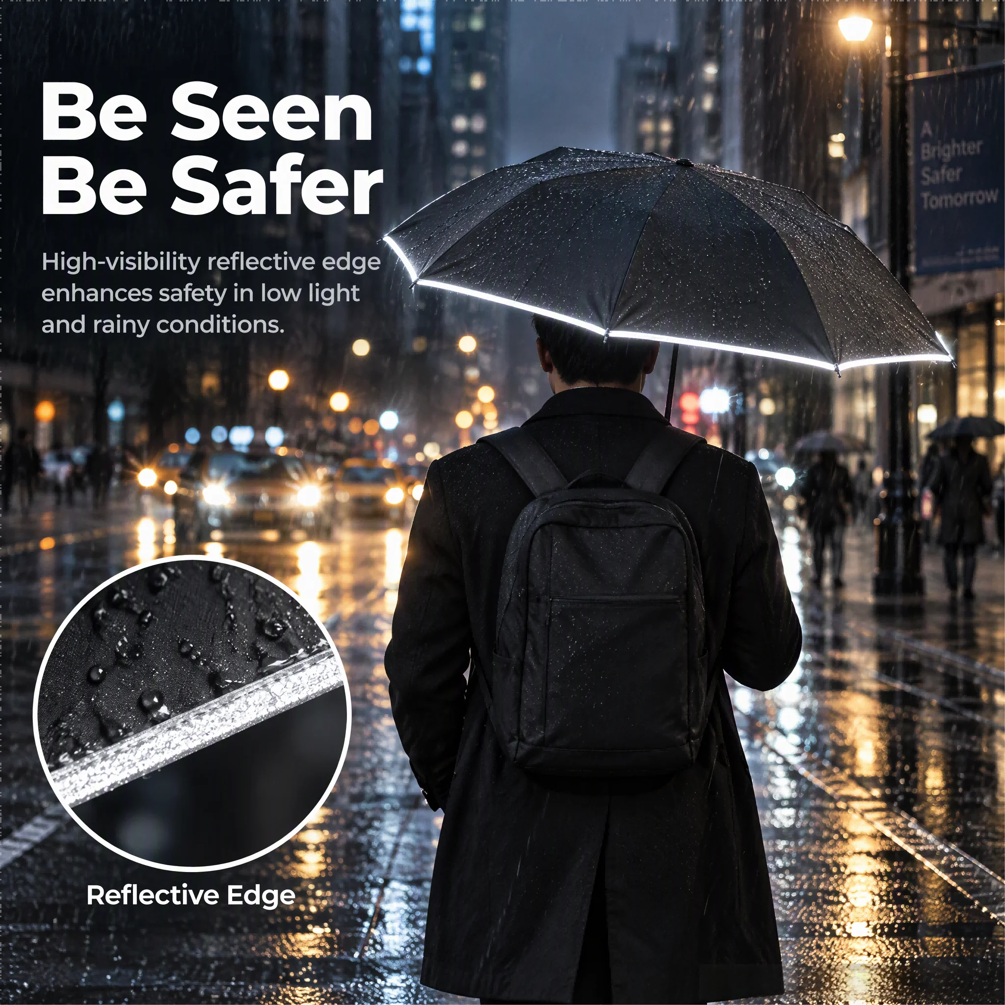 Reflective Edge Folding Umbrella Large, Night Safety Windproof Umbrellas Waterproof UV Protection Business Commute Travel Male