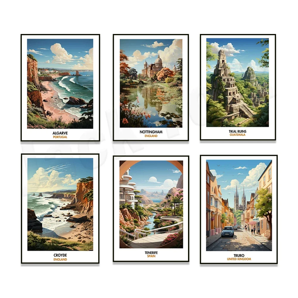 Nottingham England, USA Derry, Copenhagen, Cardiff UK, Truro, Calera Spain, Toledo, Algarve, Guatemala, Tenerife travel posters