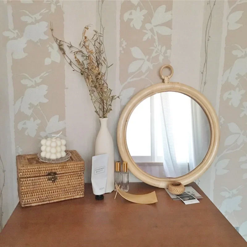 

Small Rattan Wall Mirror Design Bedroom Round Wooden Frame Nursery Makeup Vanity Table Mirror Wicker Espejo Pared Hanging Decor