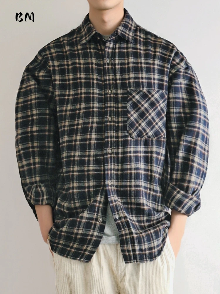 ‌Japanese Vintage Heavyweight Flannel Shirt Men Plaid Long Sleeve Loose Fit Casual Oversized Fashion Outerwear Autumn Spring