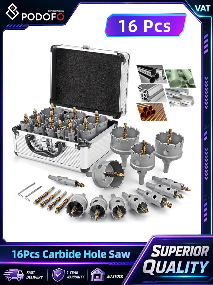 Podofo 16-teiliges TCT-Lochsägen-Set mit Hartmetallspitzen 16-57MM, verbessertes Hochleistungs-Hartmetall-Lochsägen-Set, Hartmetallspitzen-Metallkernbohrer, Lochsägenfräser zum Schneiden von