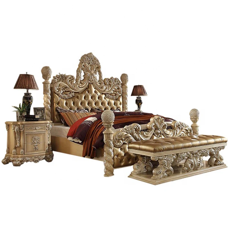 

European Luxury Solid Wood Bed with Genuine Leather Double French Wood Carved Palace Princess Villa Dressing Table