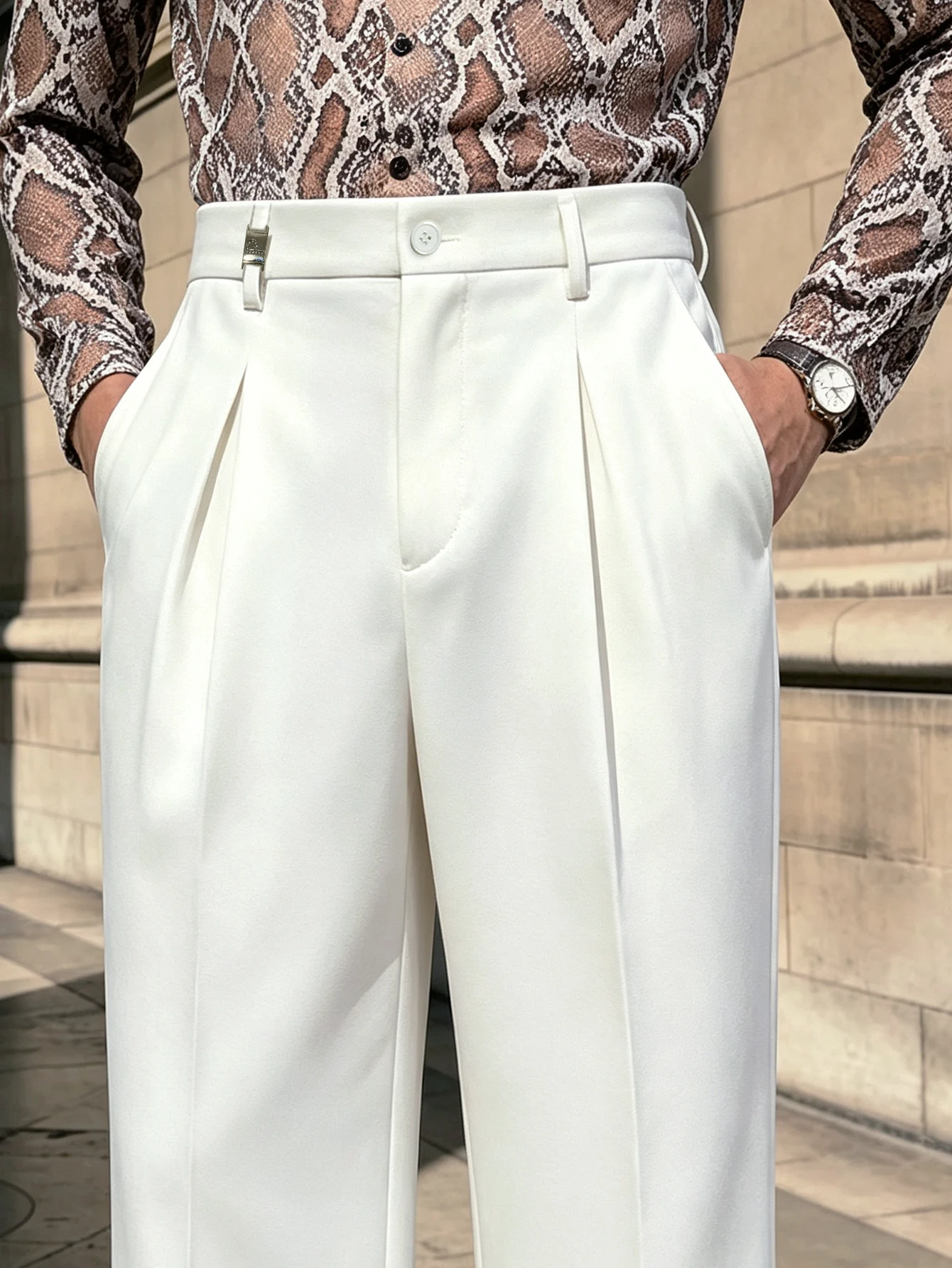 Men Spring Autumn Solid Color Woven Pleated Trousers, Button Accent Elastic Waist Straight Loose Leg, Nice Drape Wrinkle-Proof,