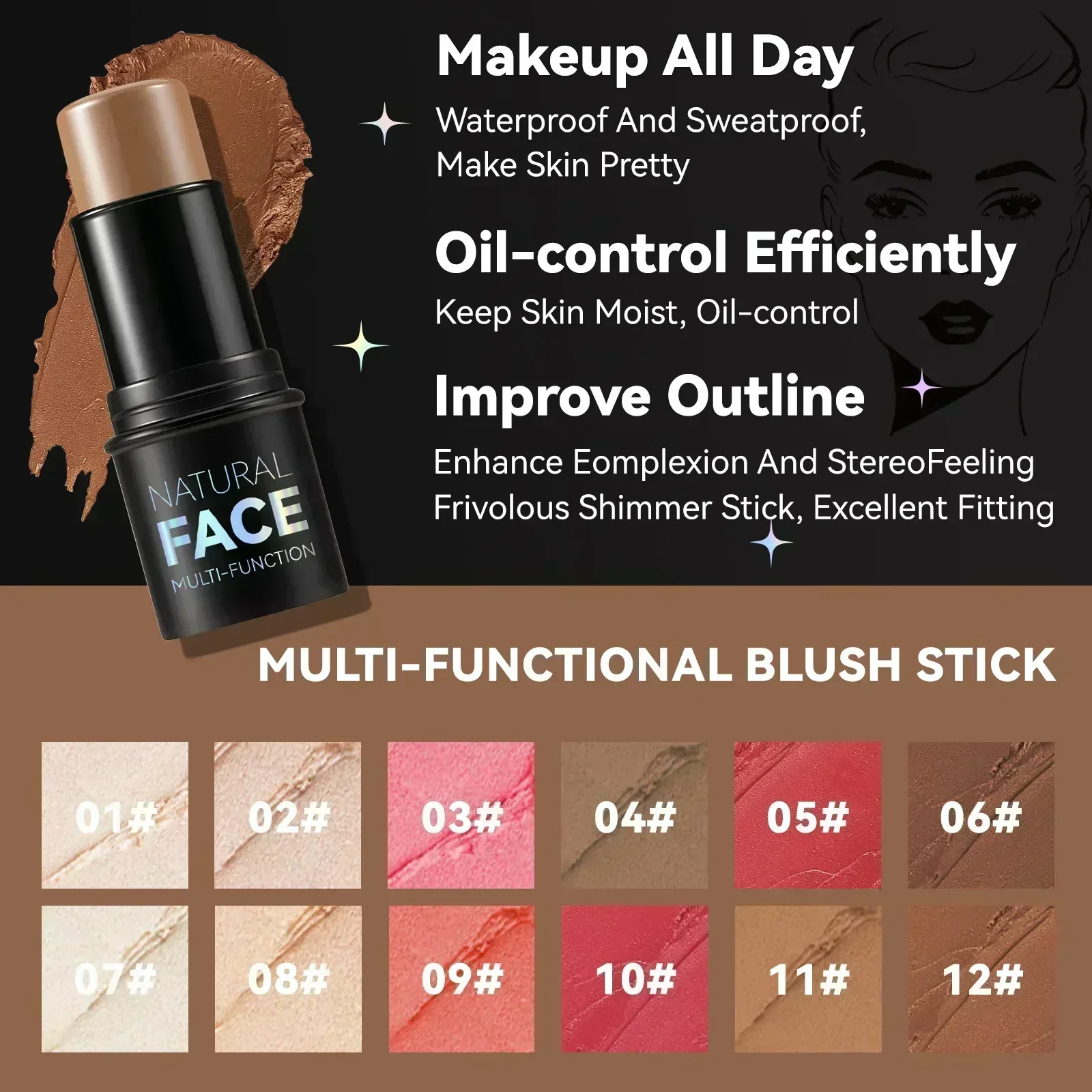 MLSMILE 3색 천연 페이스 메이크업 스틱 세트 다기능 하이라이트 블러쉬 방수 오일 컨트롤 패션 화장품 6g * 3