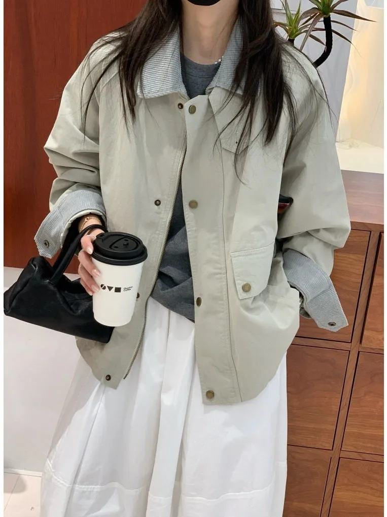 

Low Saturation Corduroy Short Jacket Women's Casual Style Vintage Patchwork Feita Workwear Spring Season Breathable Cotton