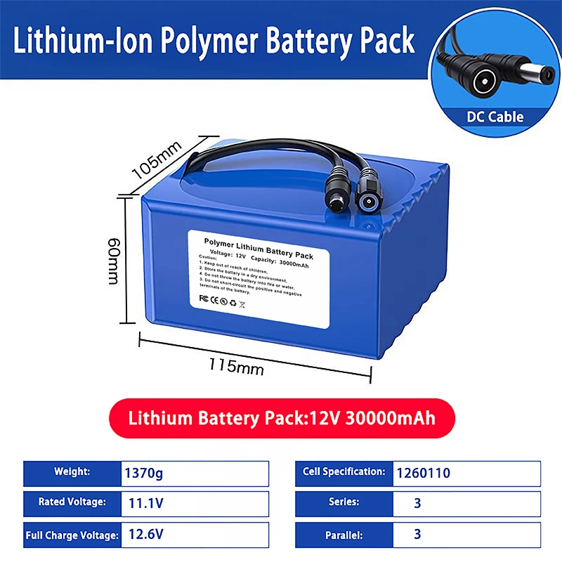 

24V 3000mAh Rechargeable LiPo Battery Pack with DC Cable 22.2V Rated 25.2V Full Charge for LED Lights & Tools