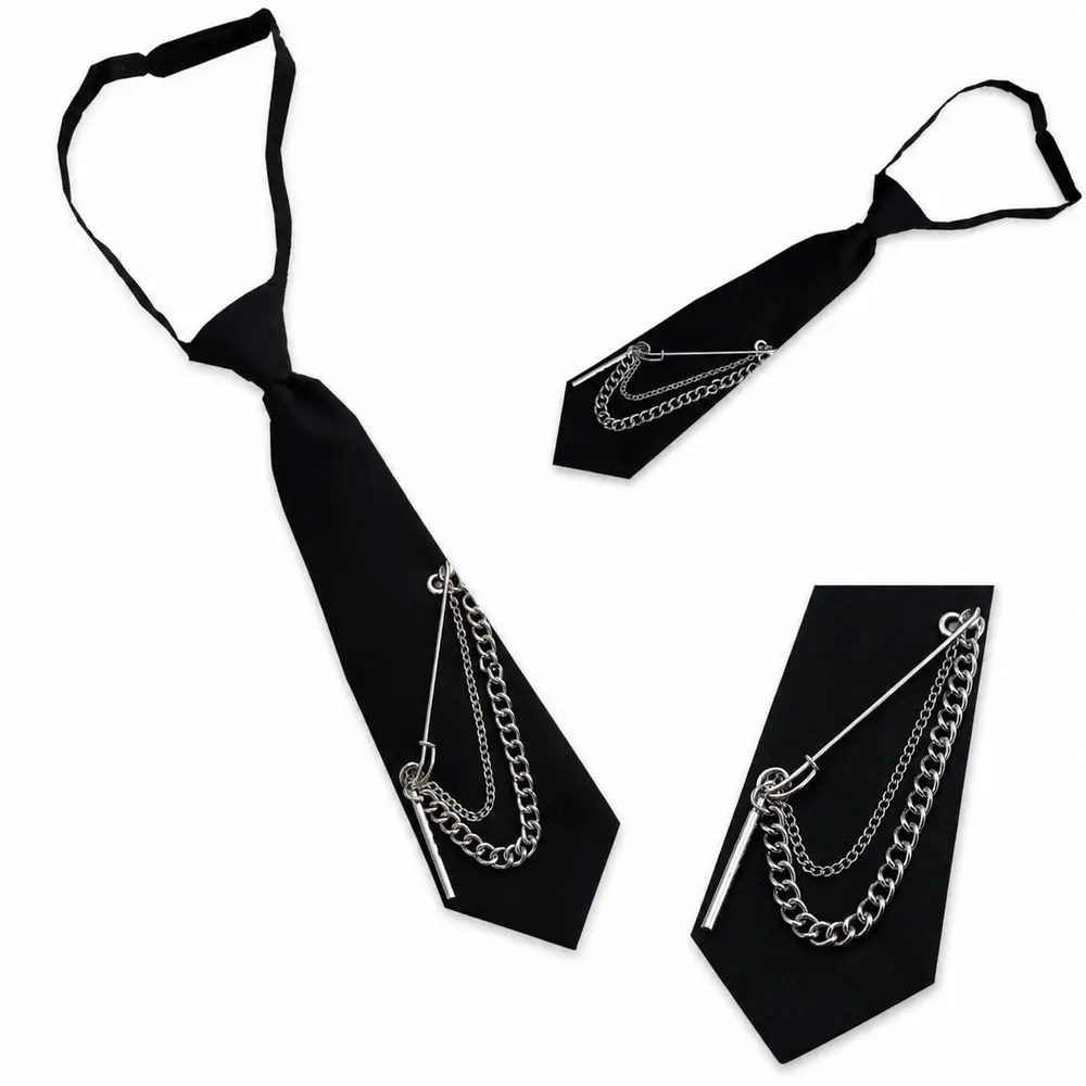 New Black Pre-Tied Necktie Safety Pin Detail Alloy Chain Chain Necktie Adjustable Neck Strap Punk Necktie School Uniform Styling