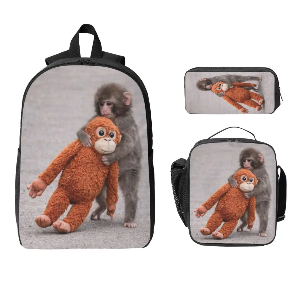 3Pcs Monkey Punch Baby Monkey Holding Toy Prints School bags Set for Girls Boys Pen Bags Backpack Sets with Lunch Box