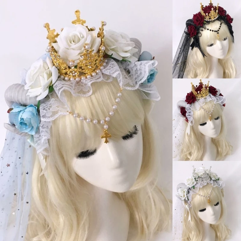 

Sheep Horn Gothic Headband Steampunk Lace and Rose Flowers Decorations H9ED