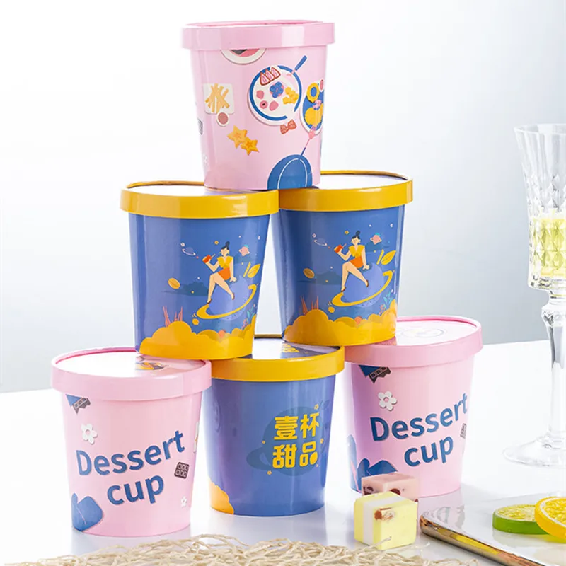 

50pcs Disposable stir-fried yogurt ice cream cup thickened round food salad packing box with lid pink bluepaper bowl 460ml 550ml