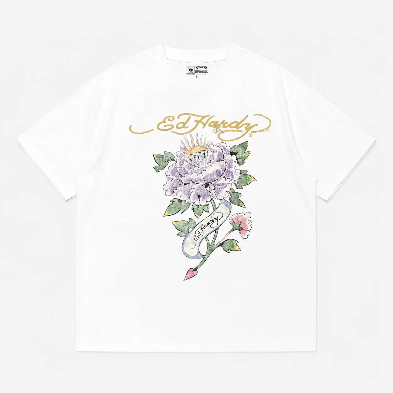 Ed Hardy Purple Peony Flower Heart Arrow Banner Print T Shirt Unisex Loose Oversized Harajuku Streetwear Cotton Summer Graphic