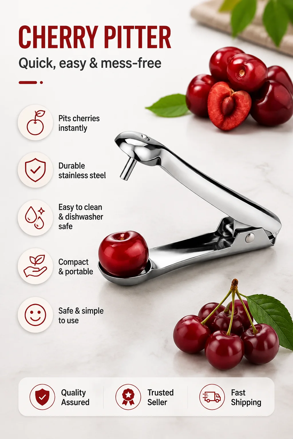 Stainless Steel Cherry Pit Remover - Easy-to-Use Fruit Pit Remover and Seed Remover for Cherries, Olives, Etc. - Durable Kitchen