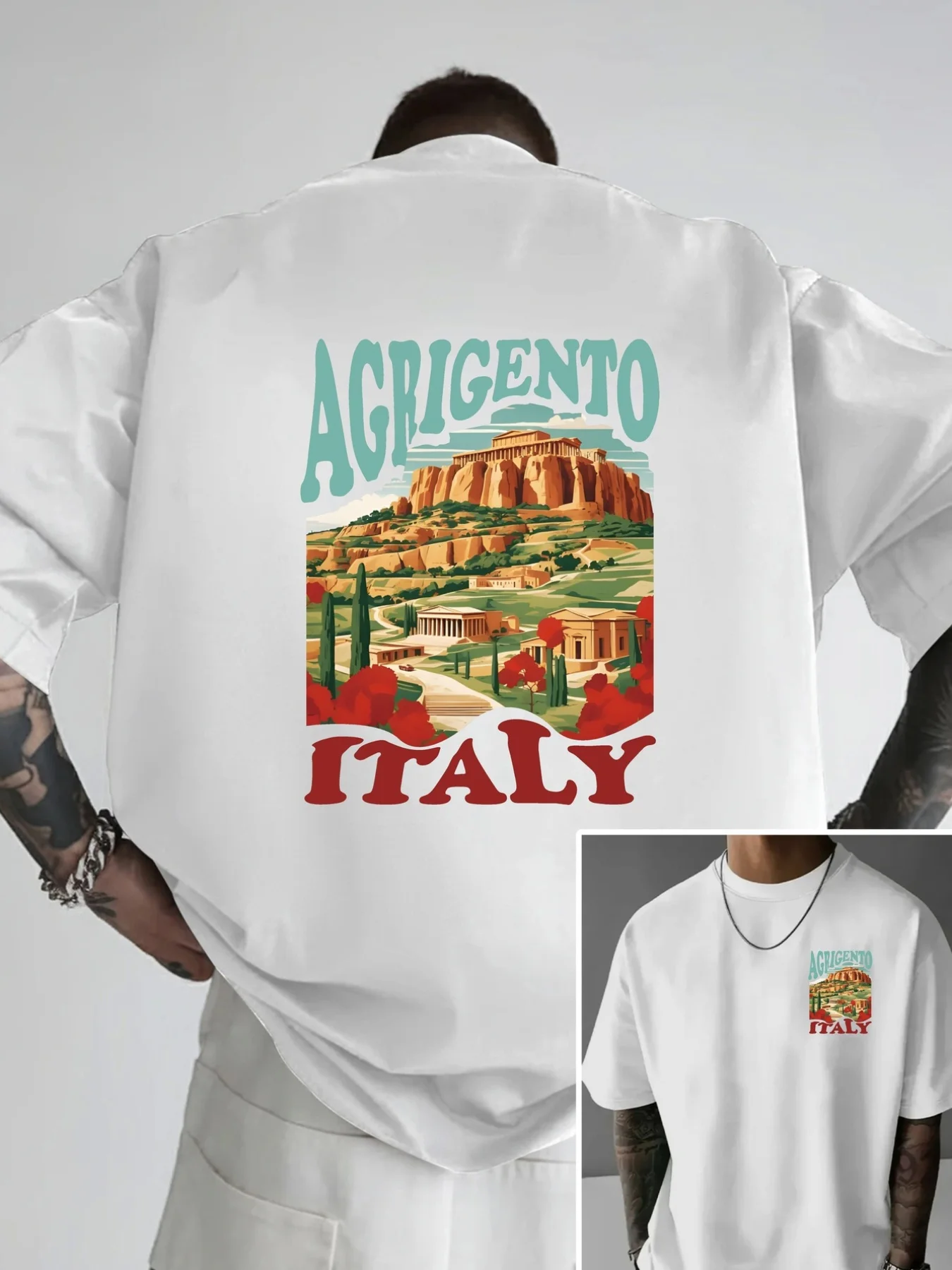 Men's Italian Agrigento Sicily T-Shirt with Ancient Greek Valle Temple Back Print - Archaeological Landmark Souvenir Tee Suitabl