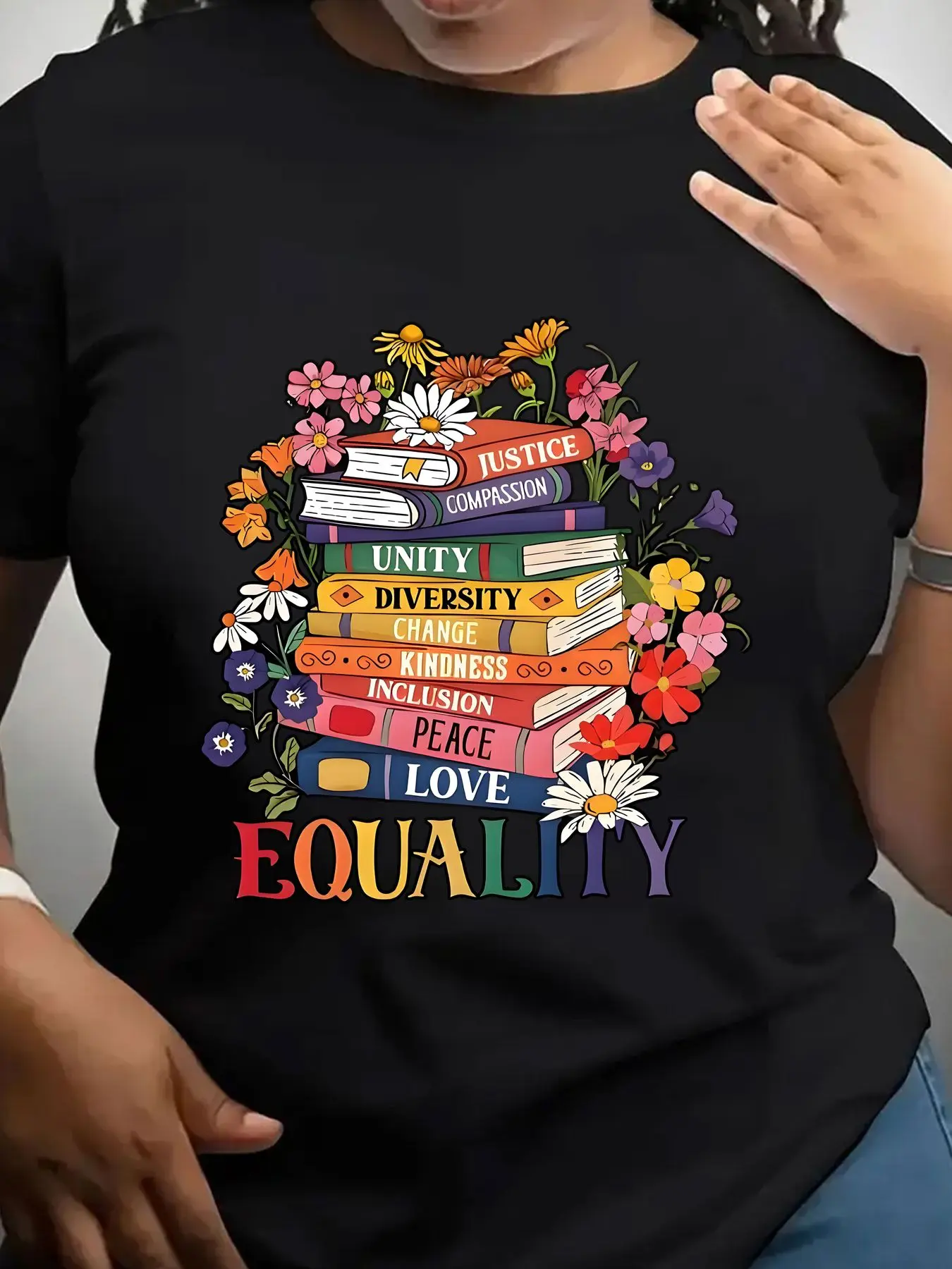 Women's Trendy Crew Neck T-Shirt Stacked Books with Flowers Equality Suitable for Casual Sportswear