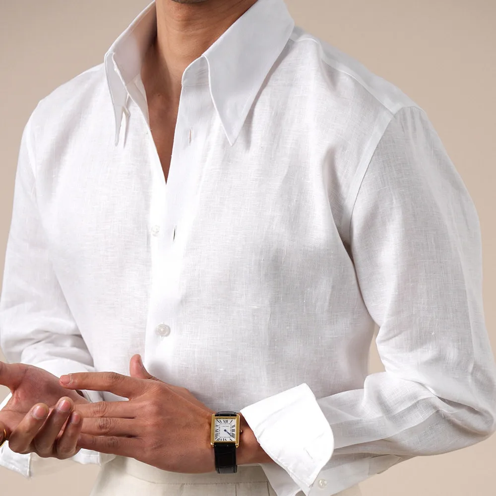 Italian Long Pointed Collar Shirt For Men Pure Linen Breathable Casual Business Commuter Shirt Men Dress Camisa Social Masculina