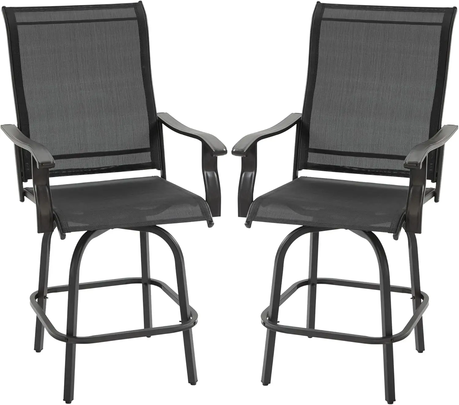 Set of 2 Outdoor Swivel Bar Stools with Armrests, Bar Height Patio Chairs with Steel Frame for Balcony, Poolside, Backyard