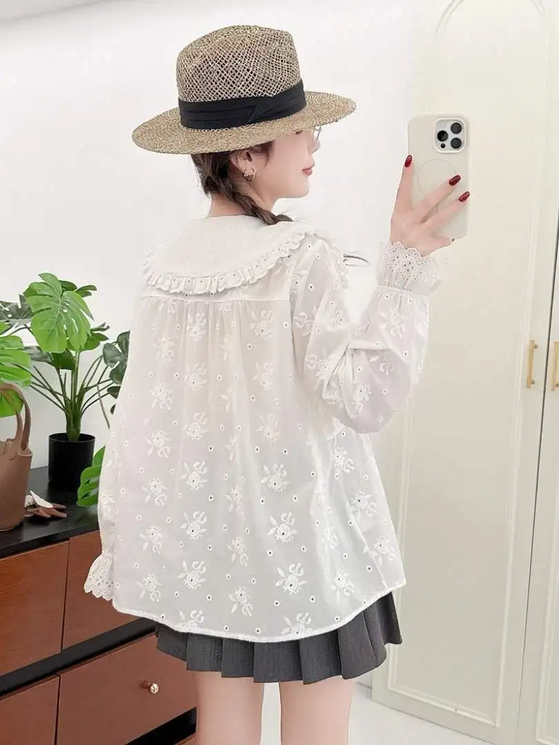 New 2026 Autumn Women Cotton Long Sleeve Shirt, Peter Pan Collar Embroidery, Mori Girl Sweet Lolita Style Loose Blouse T68953CC