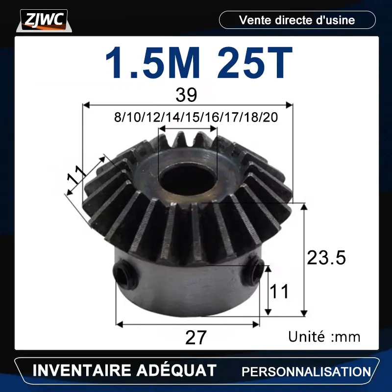 Engrenage biseauté avec trou intérieur, engrenages en acier de commutation d'entraînement avec vis, résistant à 90, 1.5m, 25T, 15mm, 16mm, 8mm, 10mm, 12mm, 14mm, 17mm, 18mm, 1PC