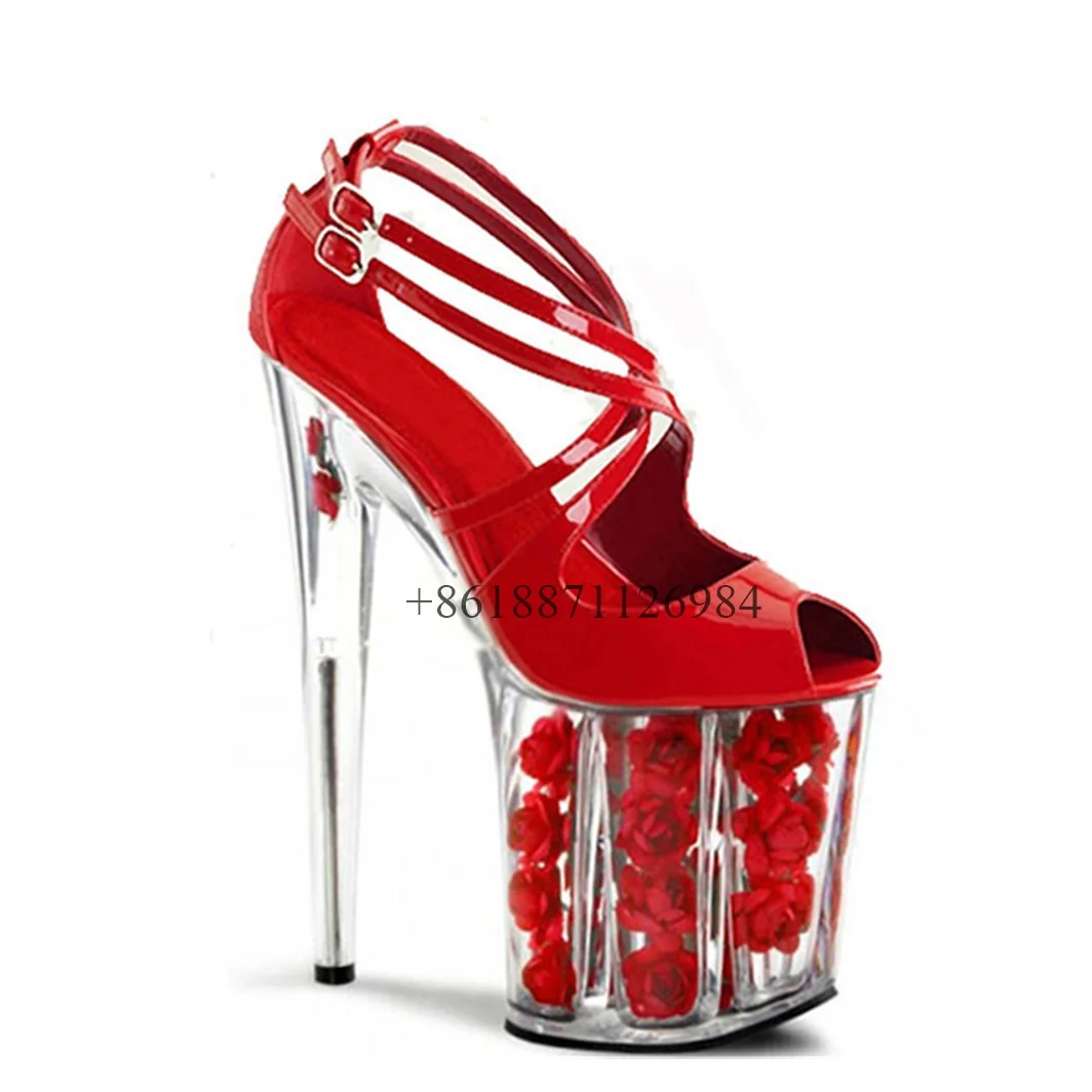 

2024 New Red Roes Platform Peep Toe Summer Women Sandals Stiletto Super High Heels Buckle Strap Design Large Size Nightclub Shoe