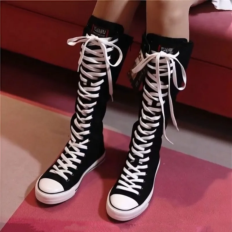 Trend High Tube Canvas Shoes for Women Side Zipper Flat Heels Canvas Boots for Women Comfort Breathable Woman Shoes Botas Mujer