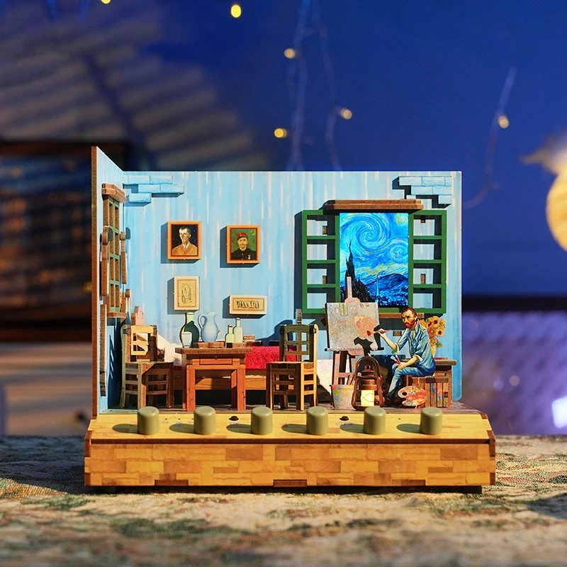 DIY Wooden Doll Houses Van Gogh's Bedroom Casa Miniature Building Kits with Furniture USB Power Dollhouse for Adults Gifts