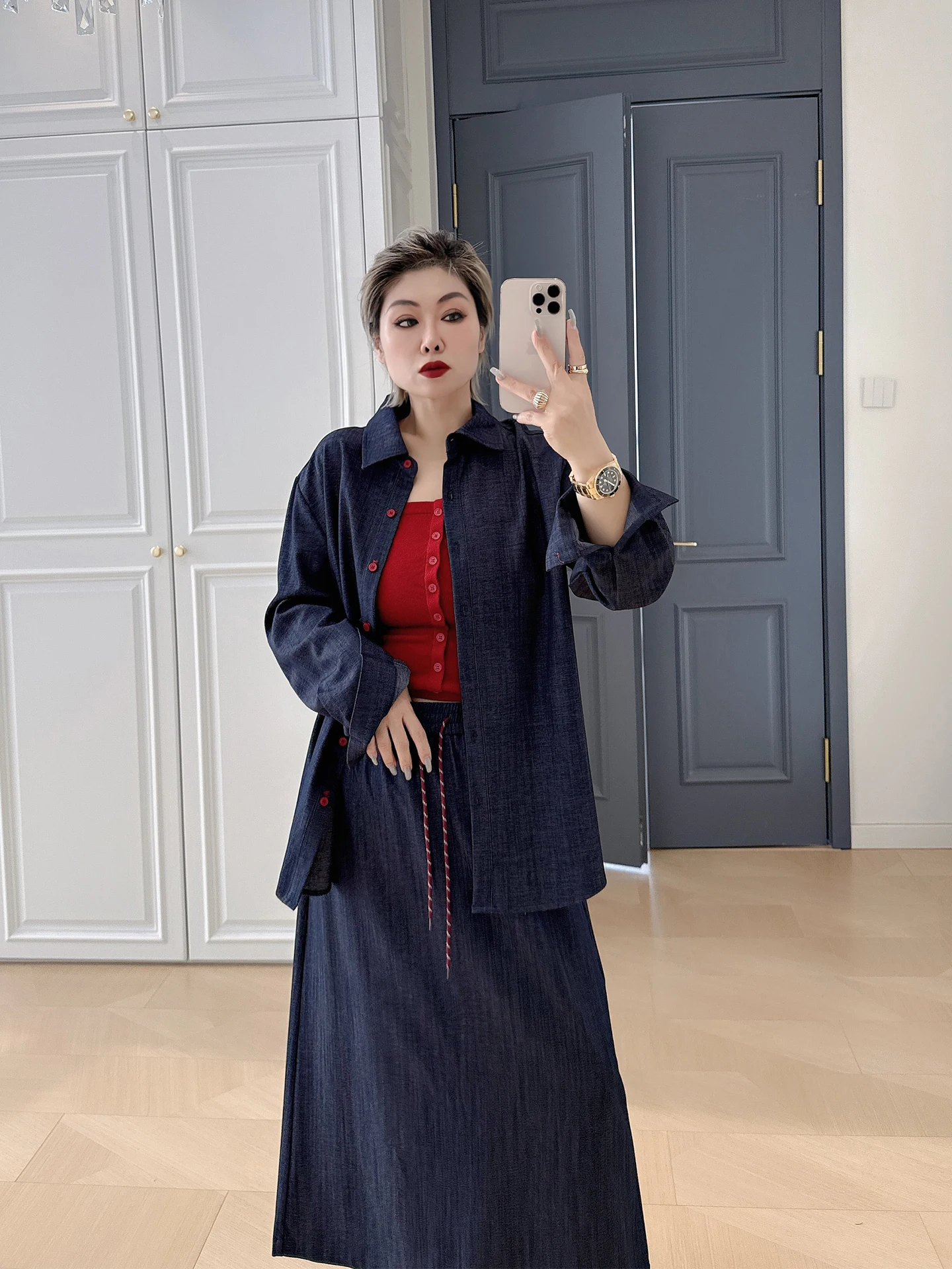 

Spring Faion plus Size Women's Deep Blue Denim Jaet Casual High Waist Skirt Two Piece Set Vintage Sle Long Sve ...